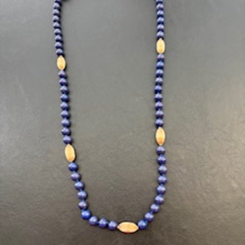 Retro style Lapis beads necklace- Lazuli beads-Carved gold tone accents